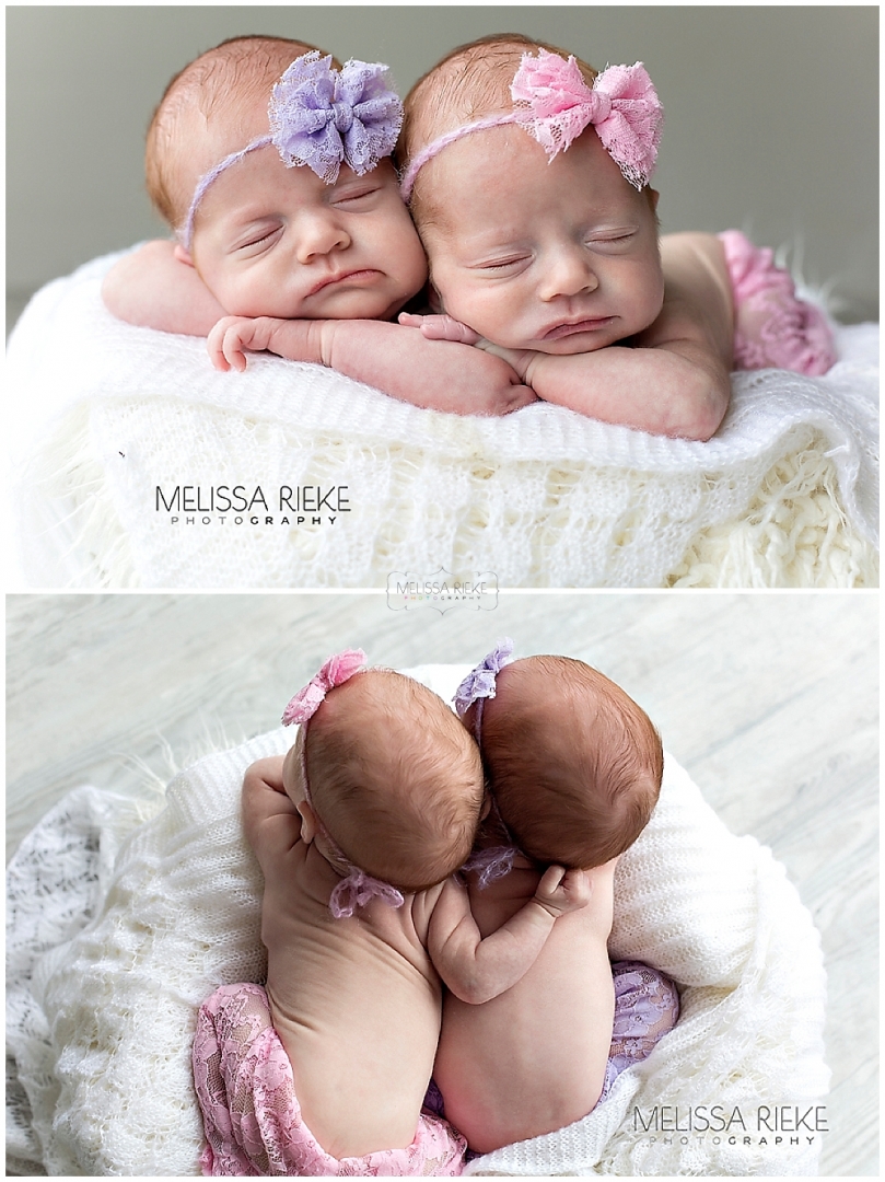 Twin Newborn Baby Girl Photos | Melissa Rieke Photography | Pink and Purple | Bucket Prop