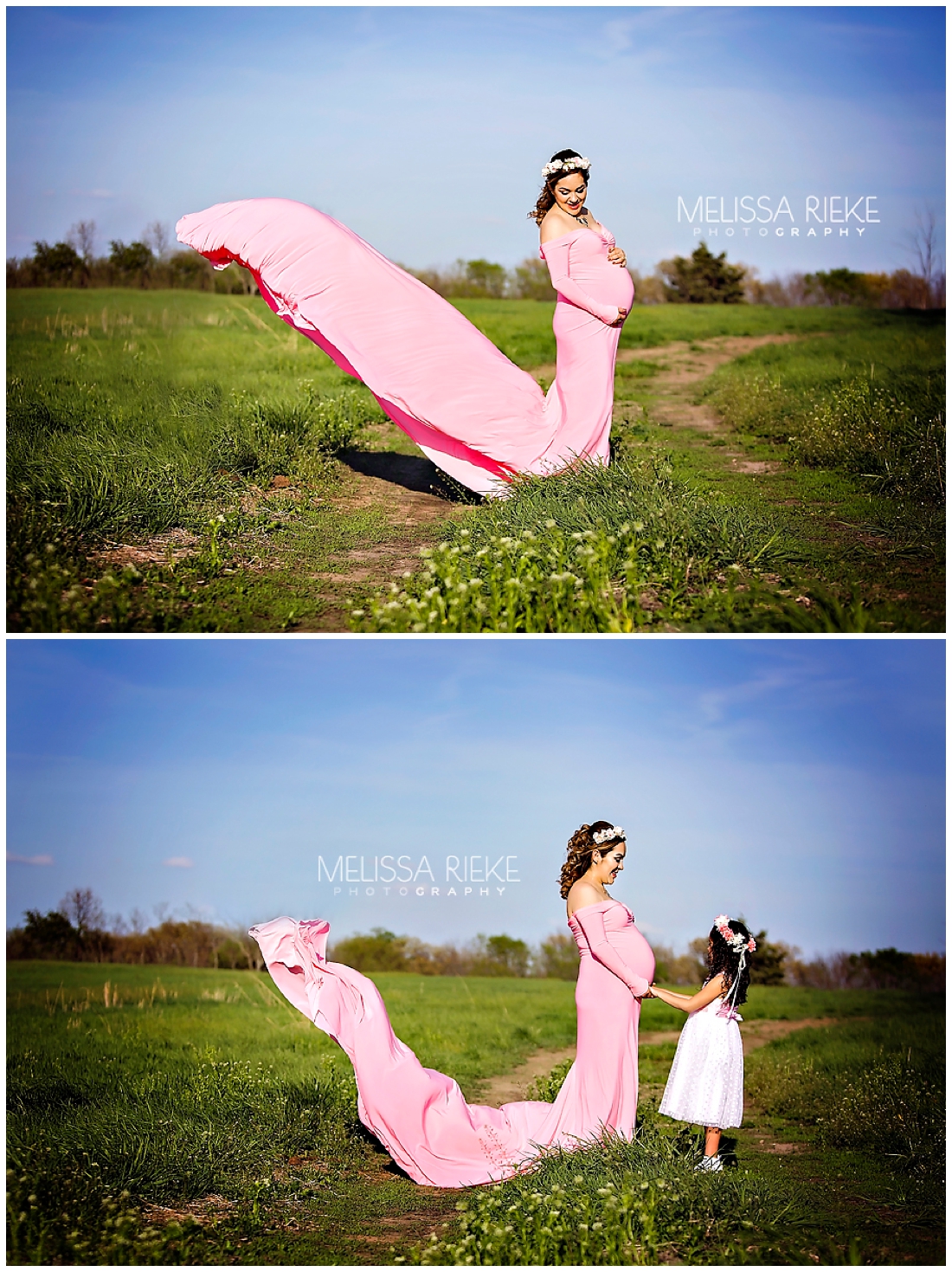 Outdoor Farm Maternity Session Beautiful Pink Gown Flowing Wind Pictures Belly Bump Pregnancy Kansas Mother Daughter