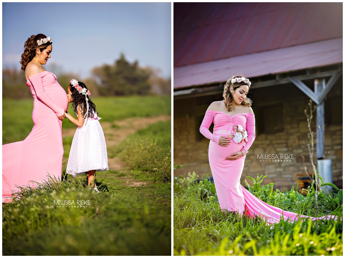 Pink flowing gown maternity outdoor farm Kansas City Area Pictures